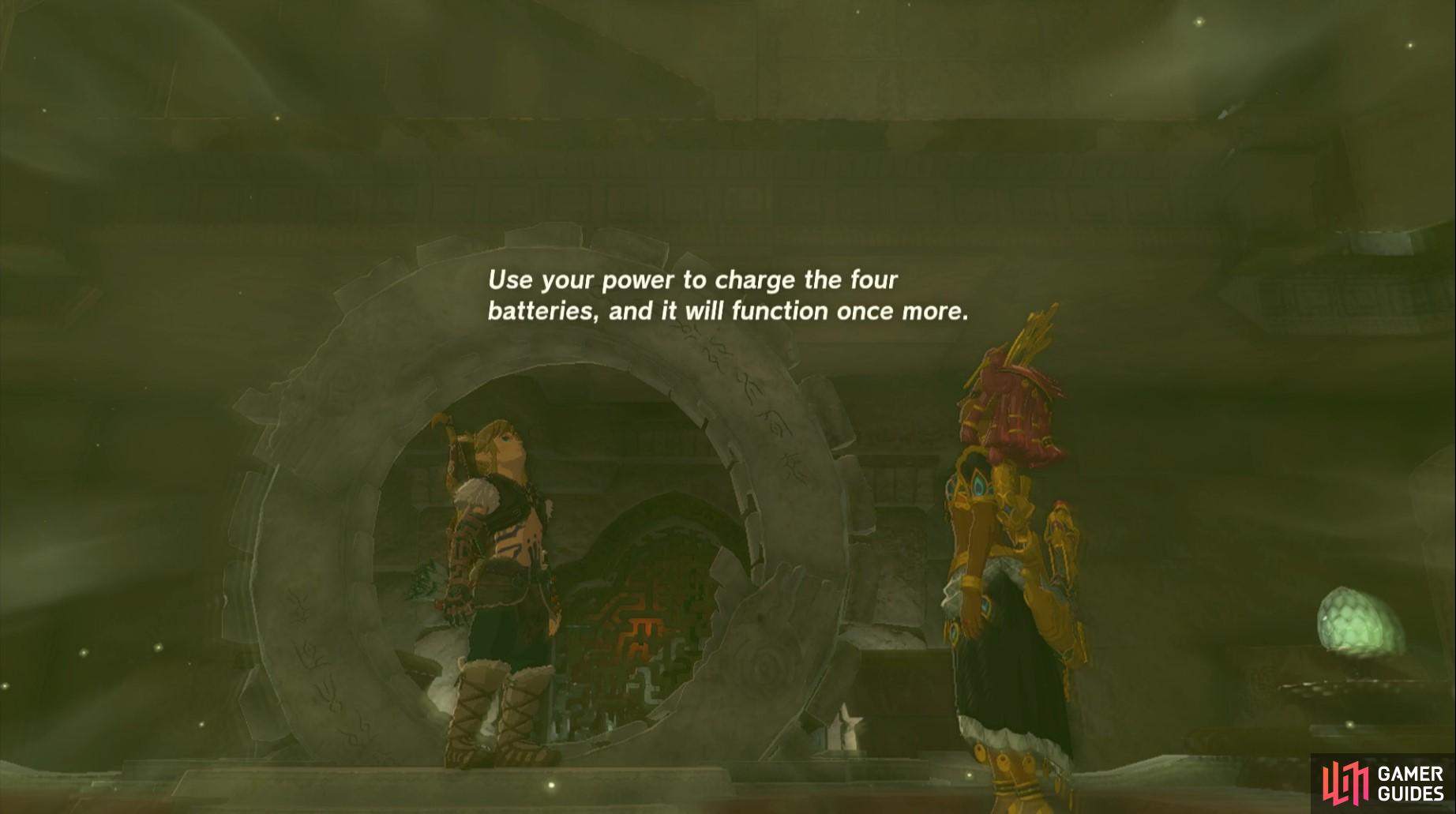 Once at the center of the Lightning Temple, you’ll be required to charge the four batteries to bring power to the elevator platform. 