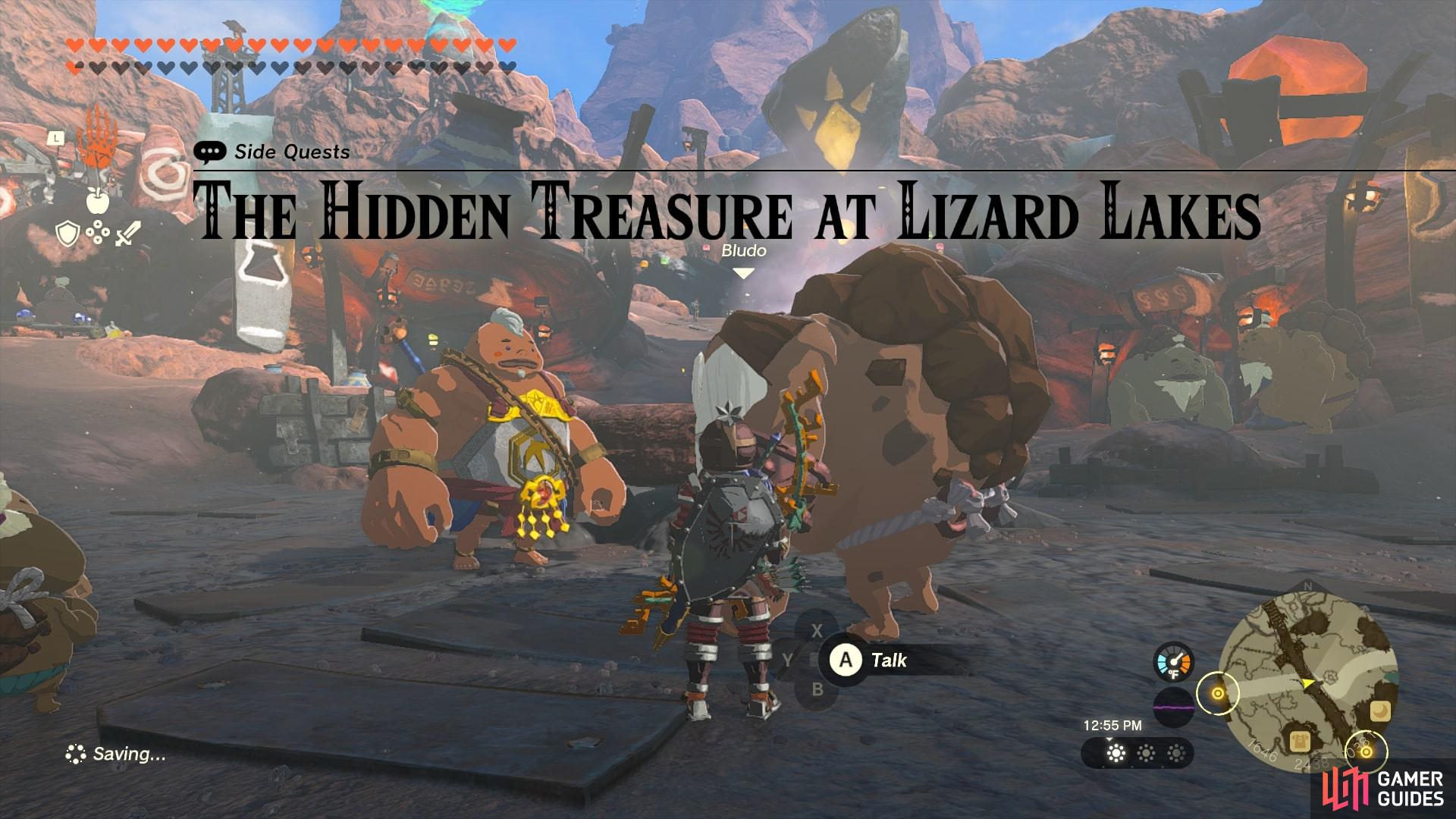 Speak with Yunobo and Bludo to start The Hidden Treasure at Lizard Lakes.