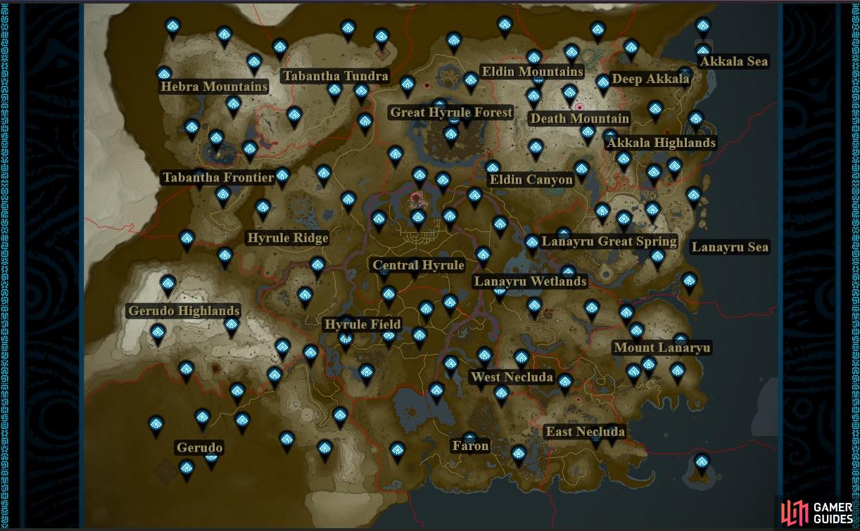 A map of all Shrines on the Surface