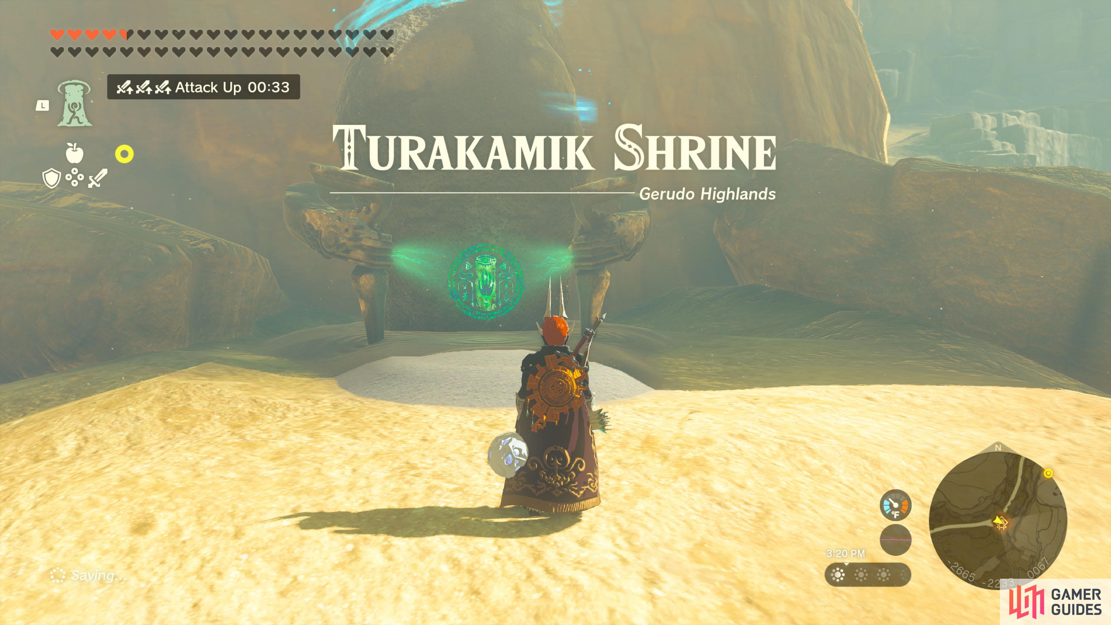 The Turakamik Shrine is located on a rock near the Gerudo Canyon Stable.