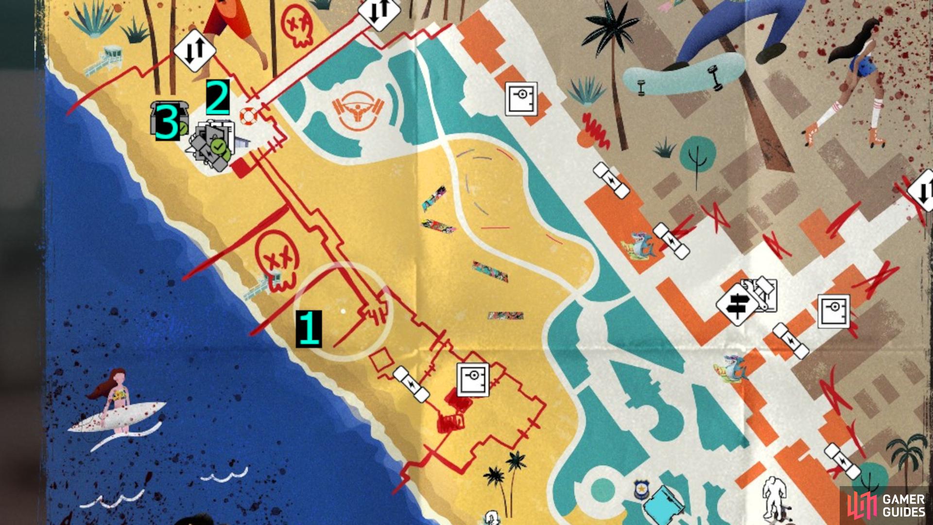 Here’s a map roughly outlining where to go for each step needed to complete the Dead Island 2 Redacated Lost and Found quest. The third point is where you can complete redacted and get Delgado’s Supply Crate Keys.
