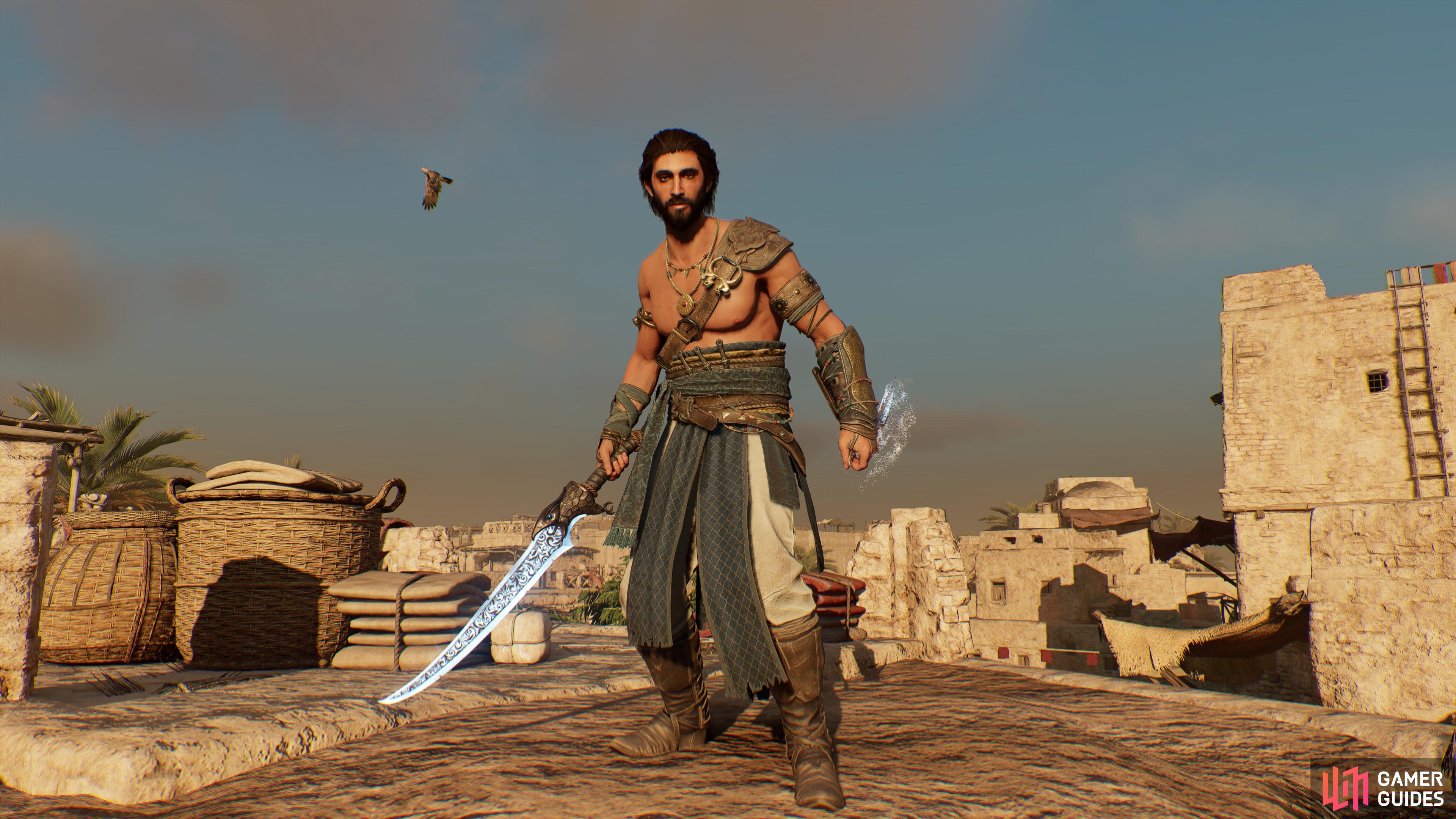The Prince of Persia-inspired outfit, sword, and dagger in AC Mirage.