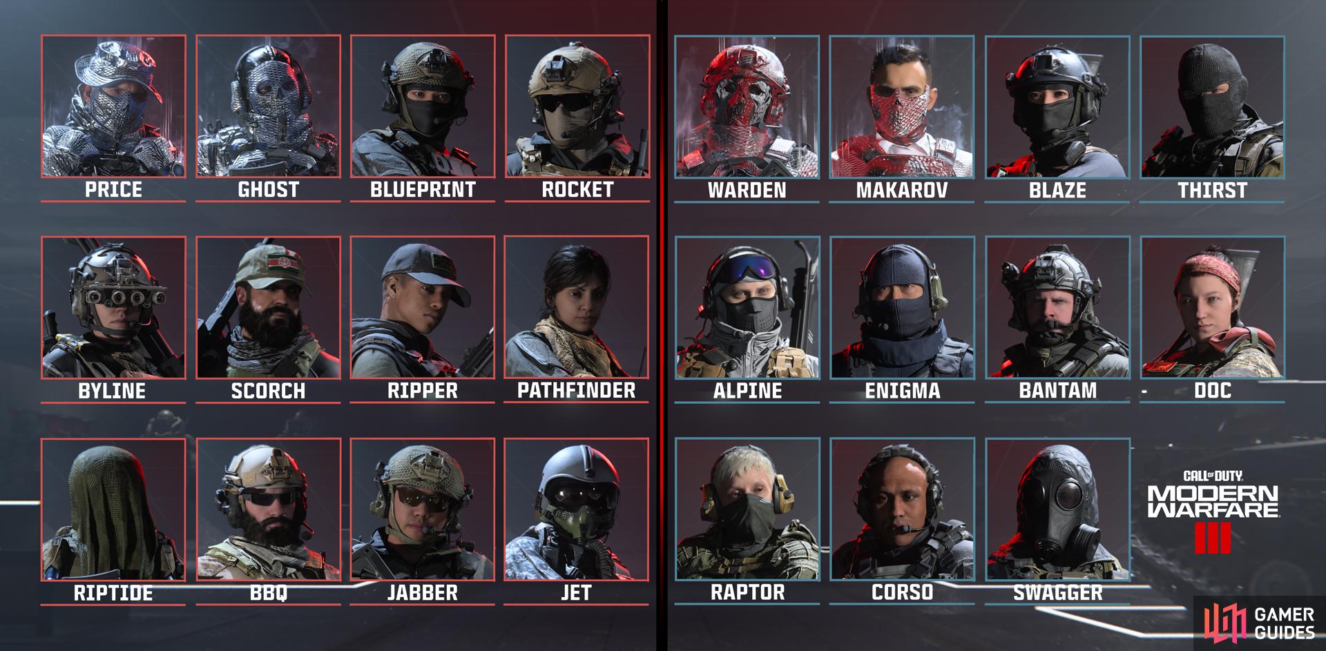 Here are all the new MW3 Operators available at launch. Image via Activision.