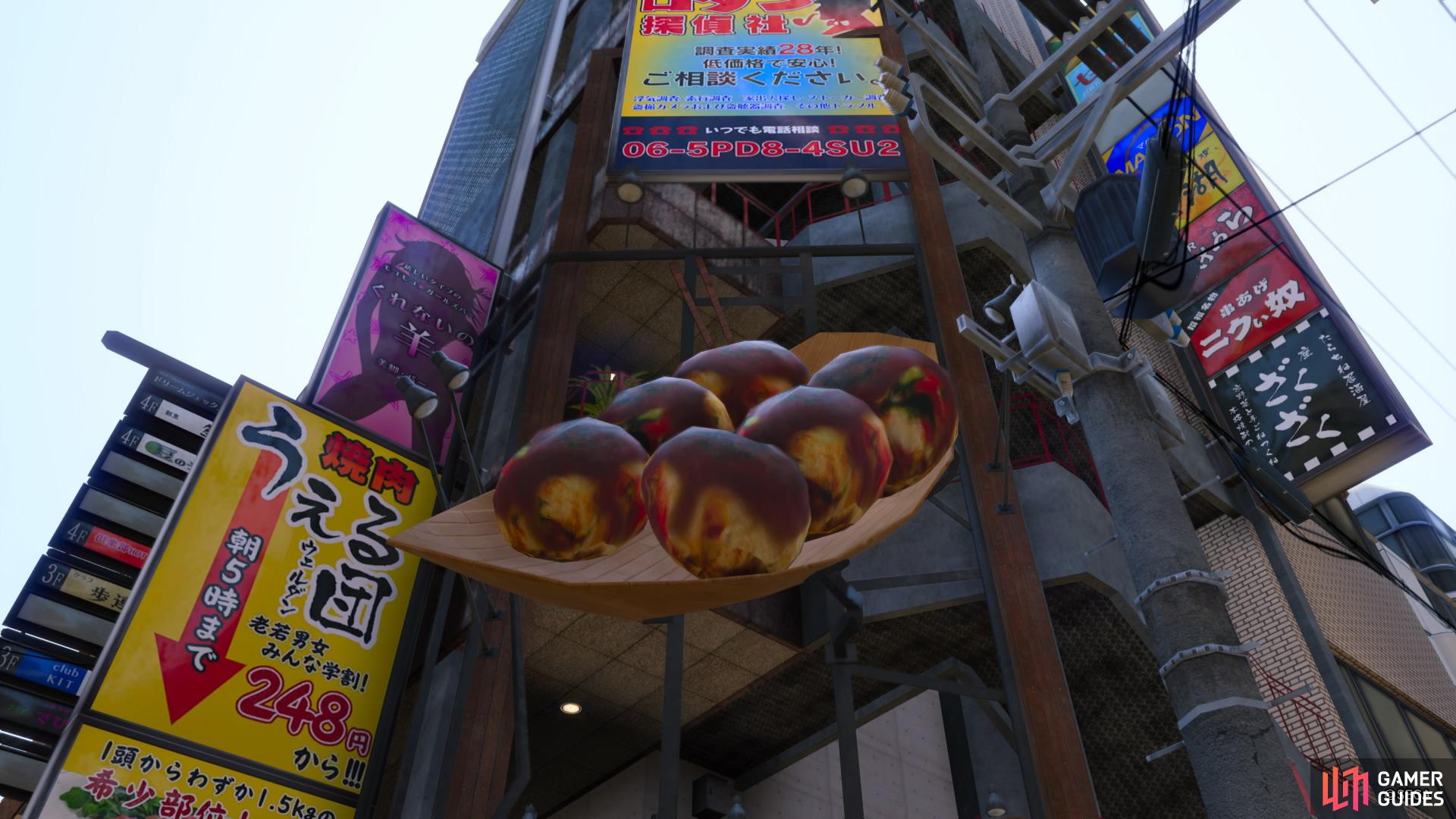 The Flying Takoyaki is found on the side of a building.