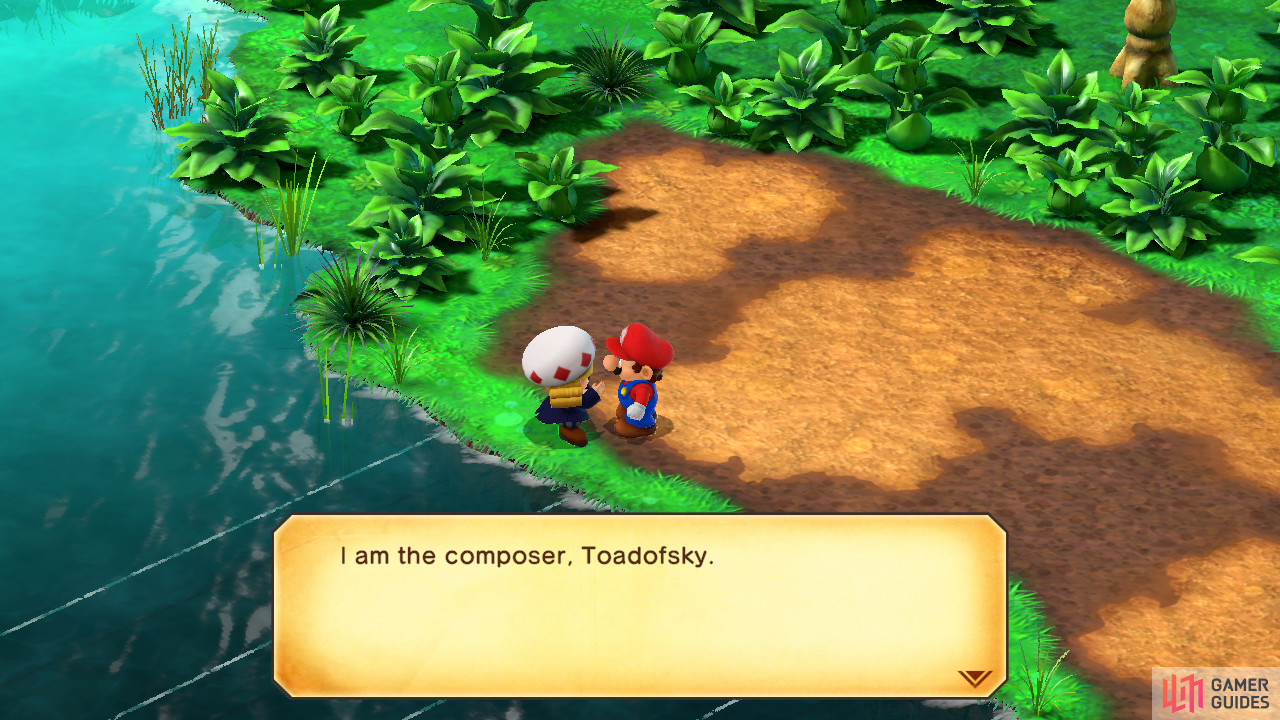 Toadofsky is standing in front of Melody Bay in the Tadpole Pond area.