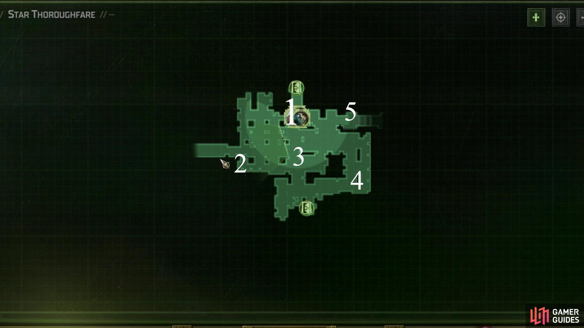 A map showcases where you must go for each objective in the Rykad Minoris Warehouse puzzle.