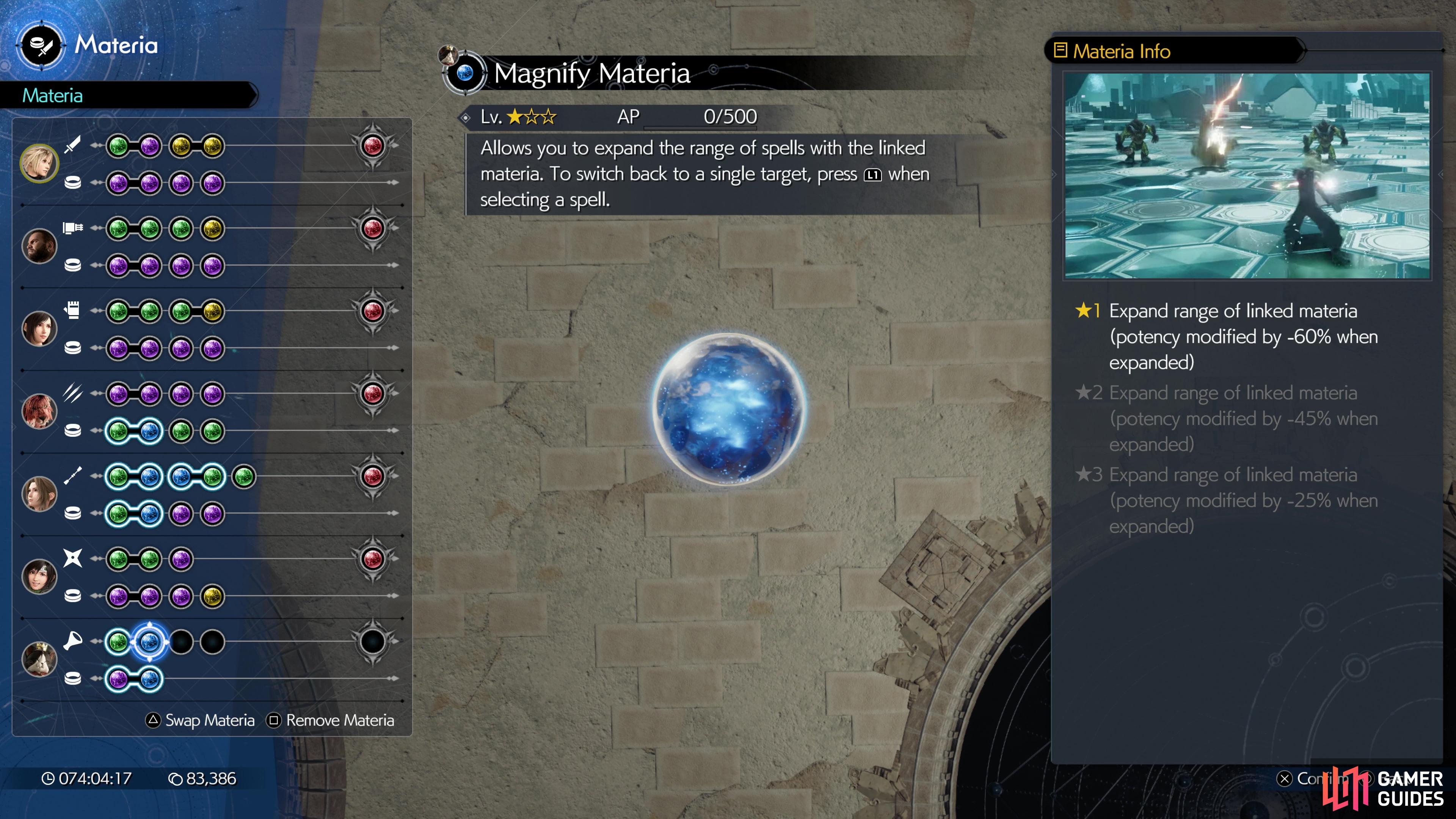 There are three orbs of Magnify Materia in the game, but only two can be used in the main questline. The first keeper comes equipped on Cait Sith when he joins your party in Chapter 9.