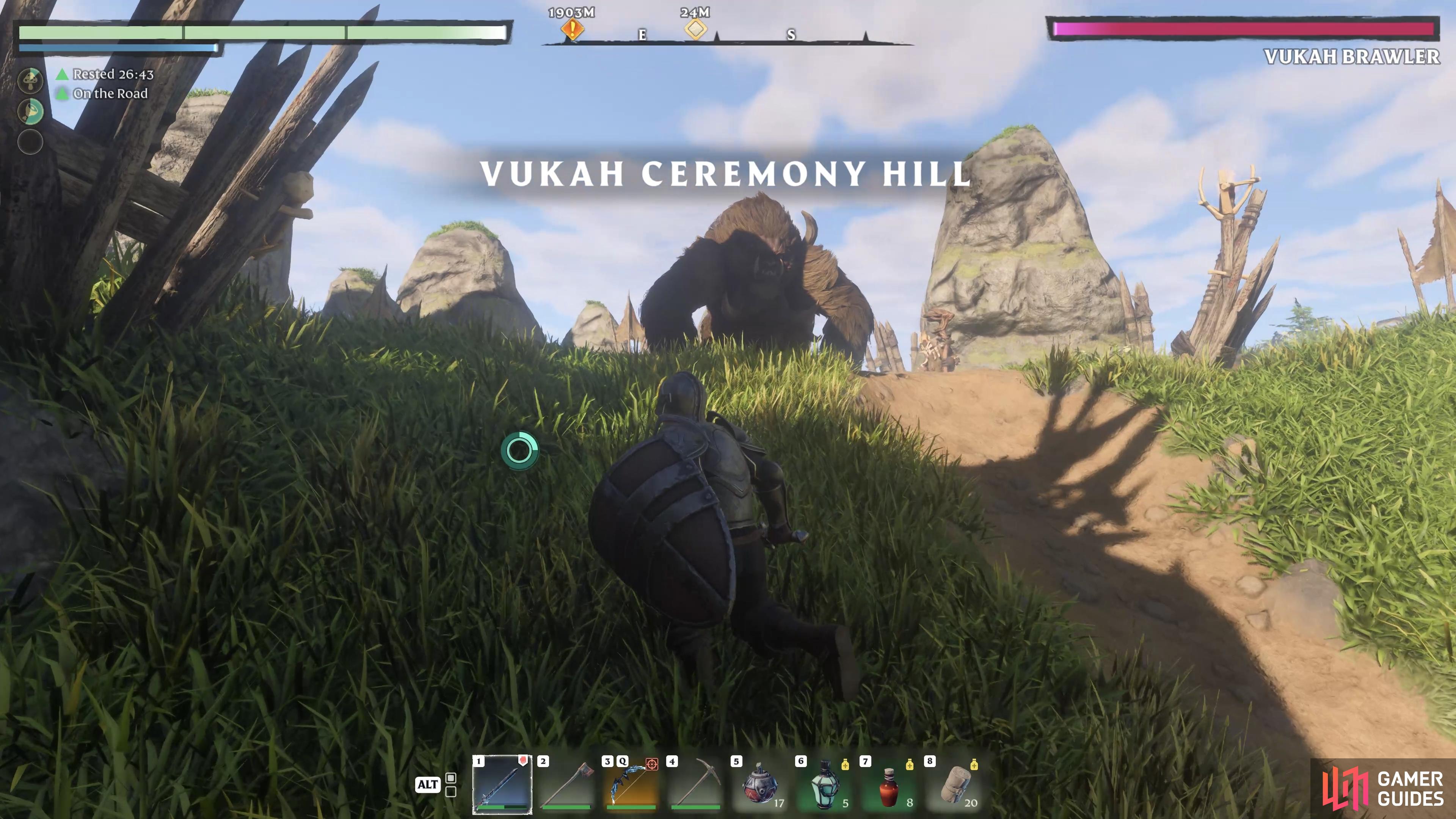 You’ll find the Vukah Brawler boss at the Vukah Ceremony Hill in Enshrouded.