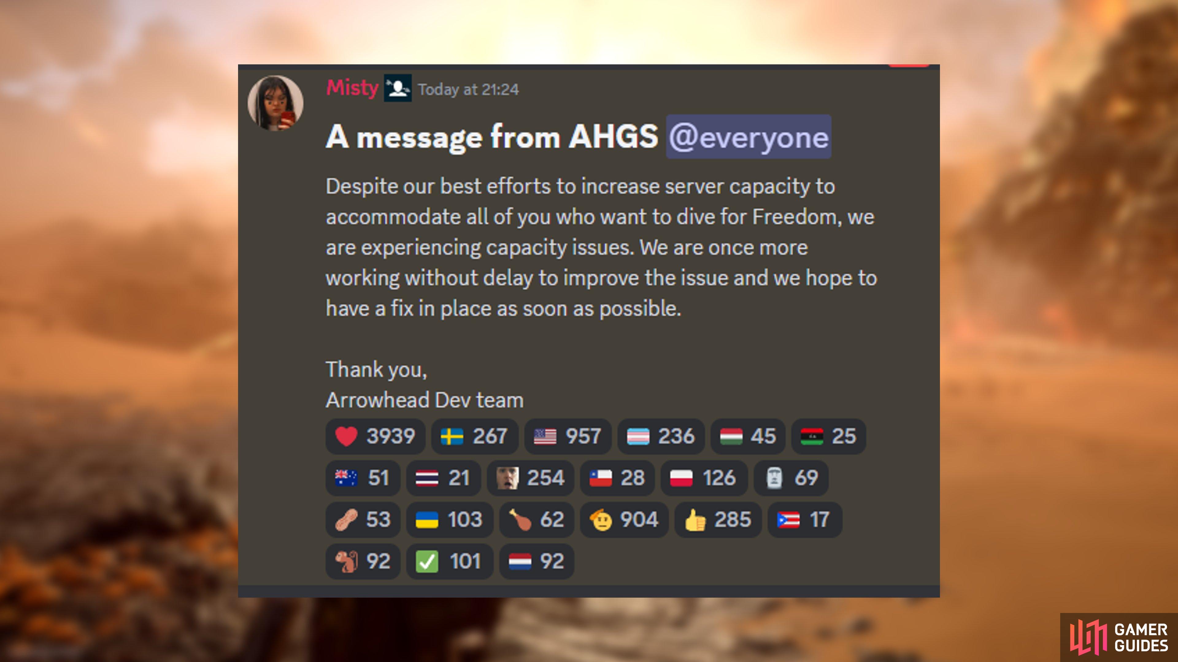 A message from the Helldivers 2 Discord acknowledges the issues with servers on February 17, 2024.