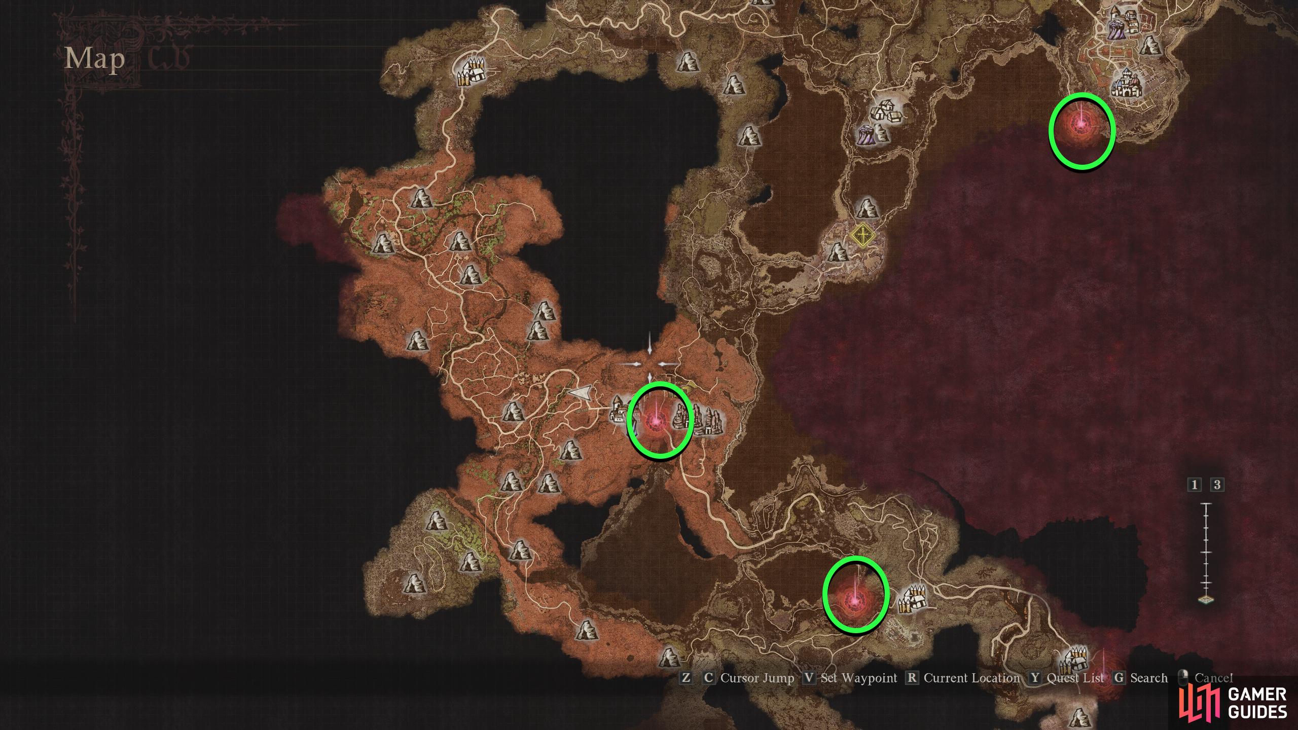The red beacons marked on the map are where you need to defeat the Dragons. There are two more not featured on the map.