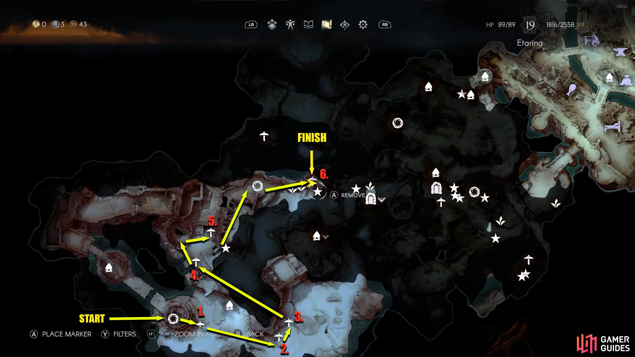 Here is the overall farming route. You start in the southwest of The Shallows and finish in the northeast of Mariner’s Keep.
