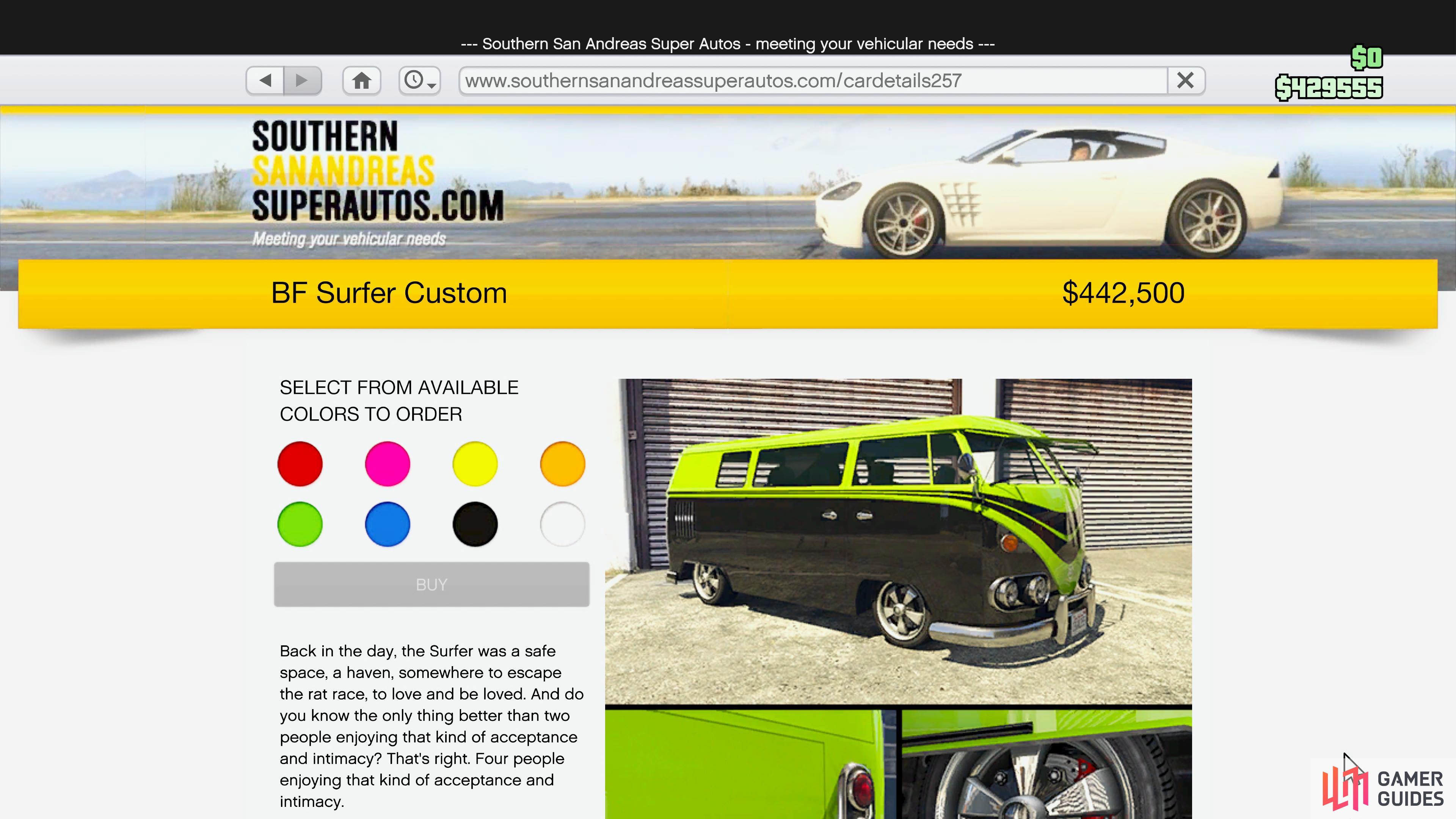 You can purchase the BF Surfer Custom from the Southern San Andreas Super Auto.