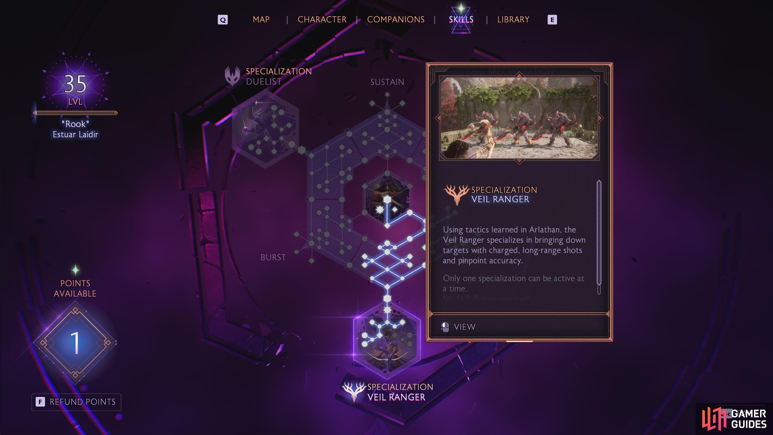 The Veil Ranger specialization is located at the bottom of the Skill Tree.