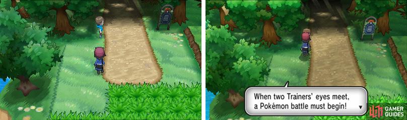 As in previous versions of Pokémon; you’re forced to battle trainers if they see you.