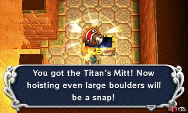 Next, cast the Sand Rod left, then merge and walk all the way right to reach the big chest and claim the Titan’s Mitts inside. With this awesome glove, Link can now lift giant rocks. Head back to the entrance of this room and return to the previous room (1F west).