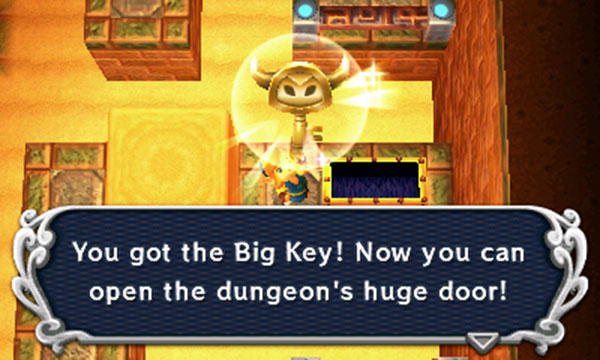 Step in the bottom-right corner and cast the Sand Rod down, then merge and walk left to reach the big chest containing the Big Key. Next drop down and head all the way down; at the end, go down through an obscured door to reach a secret room (2F south-east) containing fairies and some rupees. Then head back up (to 2F east).