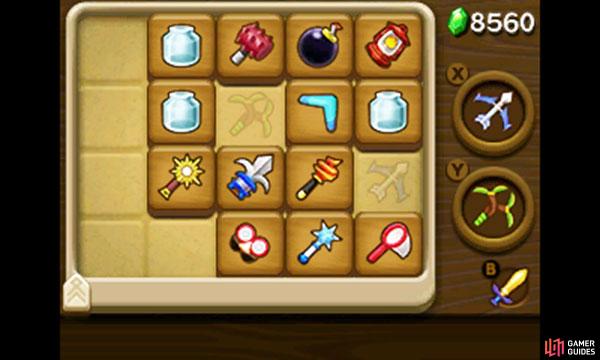 Items can be equipped to the X or Y button from the Item tab on the bottom screen. When you’re controlling Link, press the X or Y button to use the items equipped to those buttons.