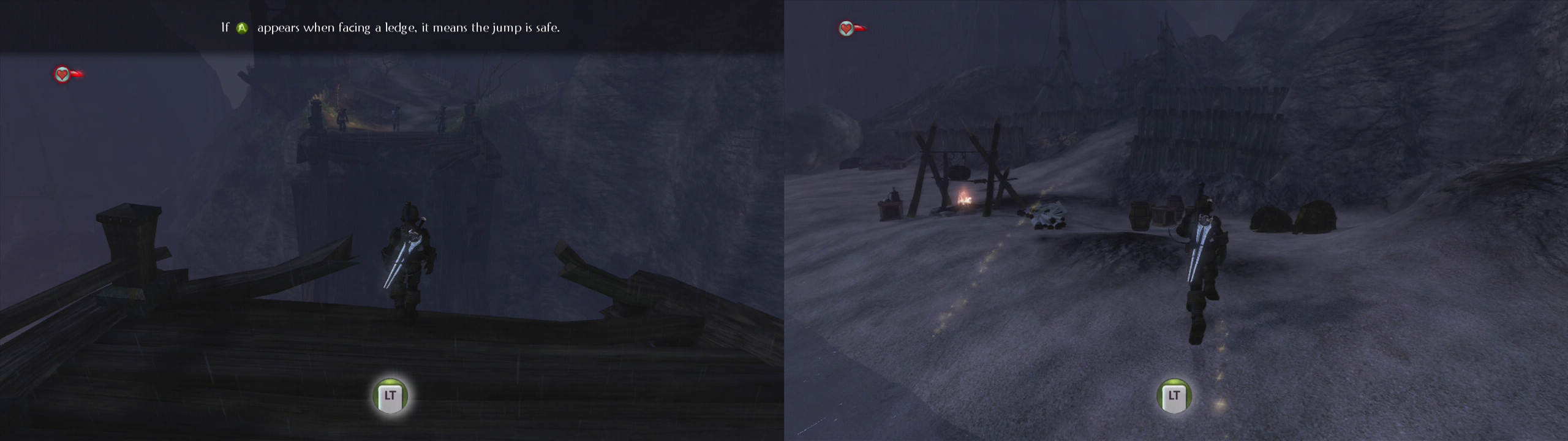 When you reach the broken bridge, dive into the water below (left). Swim to the nearby beach (right).