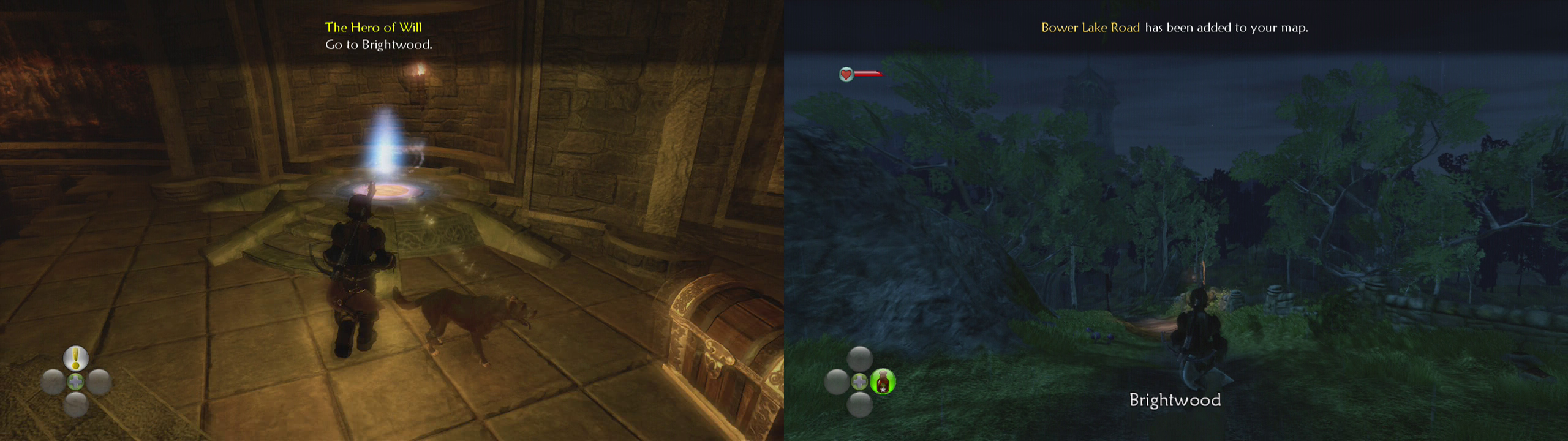 Use the Cullis Gate to leave the Hero’s Guild (left) and then make your way to Brightwood (right).