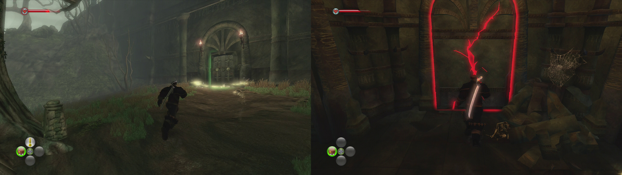 Look out for the entrance to the Shadow Court in Wraithmarsh (left). As you go down the first set of stairs inside, look out for a weak wall containing a chest (right).