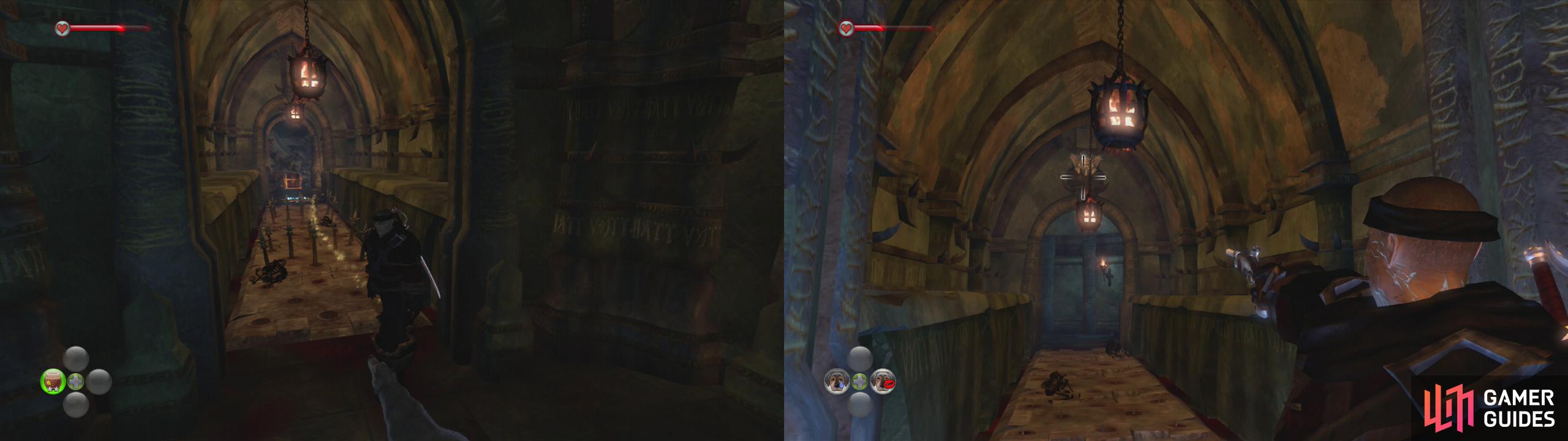 Make your way across the spike traps on the floor (left), then once you are across, turn around and shoot the gargoyle (right).