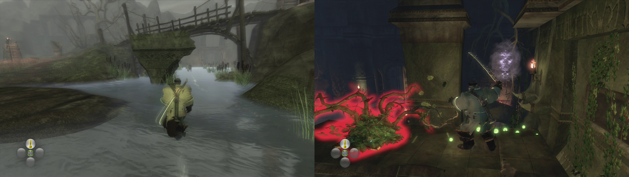 Twinblade’s Tomb can be found in Wraithmarsh by the bridge leading to Bloodstone (left). Inside, clear the shrubs int he first room to find a pressure plate (right).