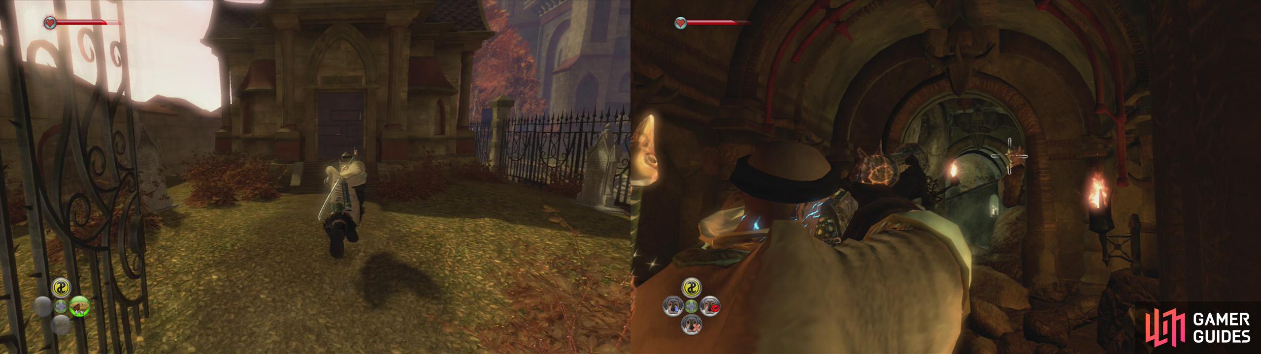 Enter Lady Grey’s Tomb in Fairfax Gardens (left). Shoot the gargoyle before jumping down the hole (right).