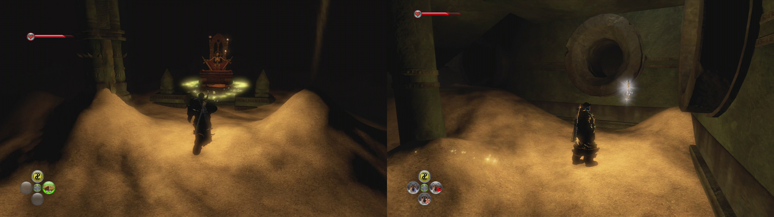 Open the glowing coffin for the body part (left) and then make your way out of the tomb. Look out for the silver key below the stairs leading to the exit (right).