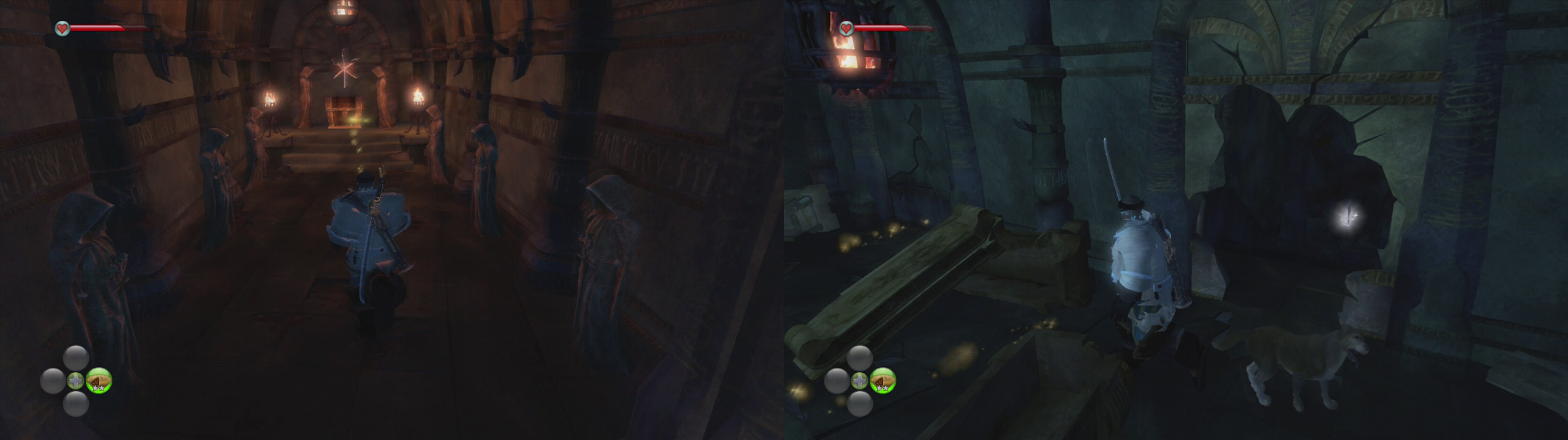 Grab the treasure (left) and then break the wall behind the coffins for a silver key (right).