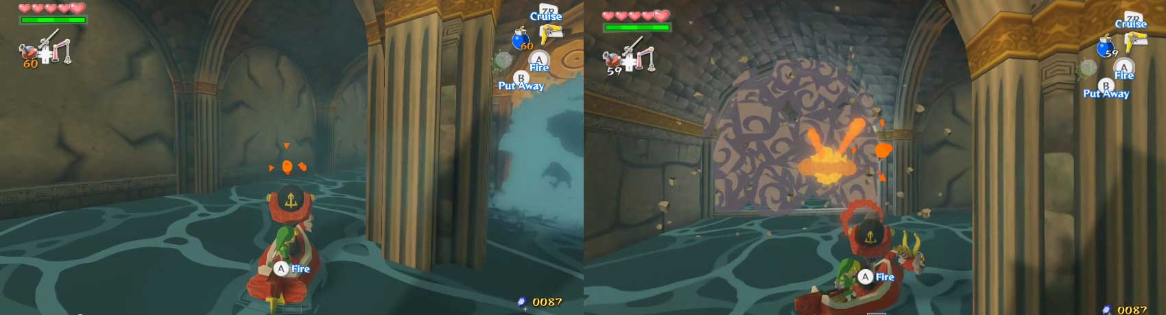 Equip the Bombs and use the boat’s cannon to shoot Bombs at the wall sections. If the hit is good, the wall section will break, revealing a hole to another section.