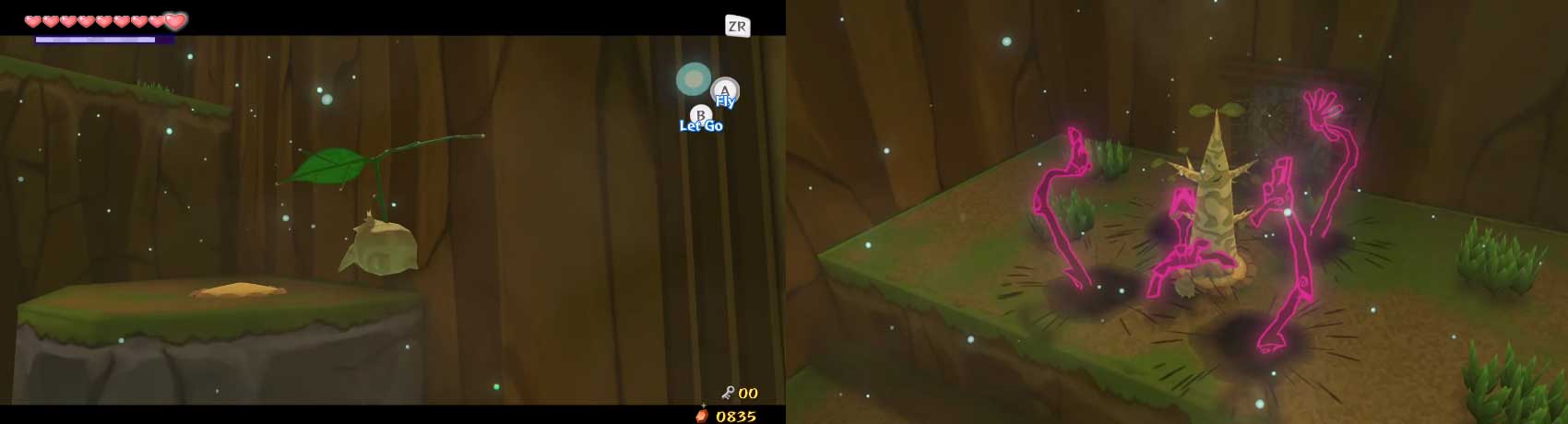 This room consists of several ledges with mounds of soil on each. Link, at this time, cannot travel any further. Instead, take control of Makar and fly up to each and every of the three ledges and plant a tree.
