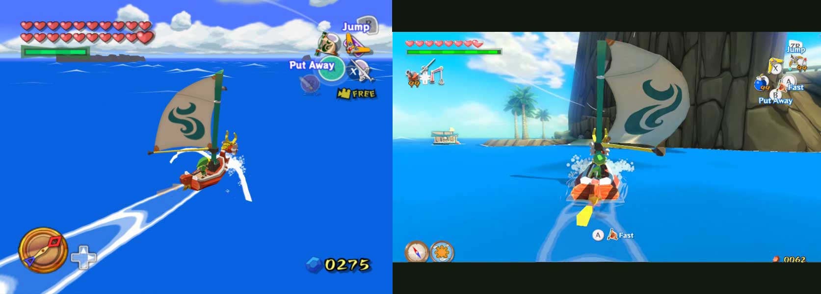 The GameCube’s version (sub-HD with original HUD) on the left and the 1080p Wii U HD-edition on the right.