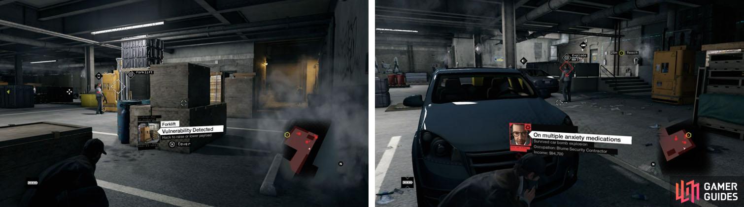 Use items like the forklift (left) to distract enemies and then carefully take out others as they pass nearby (right).