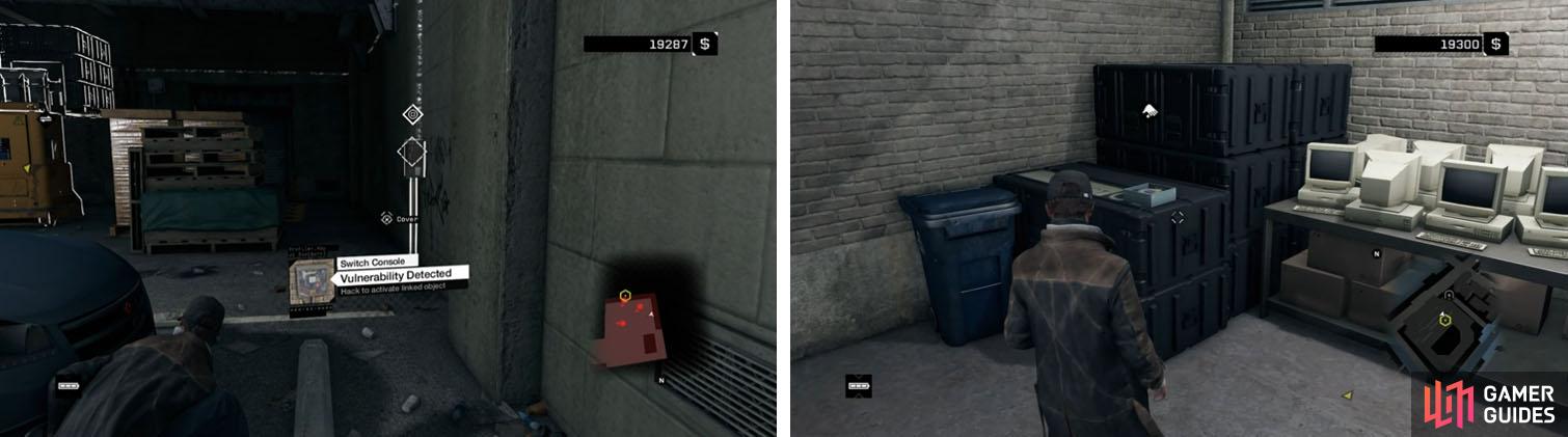 Make sure to hack the junction panel (left) to unlock the door and collect the crafting materials (right) before continuing.