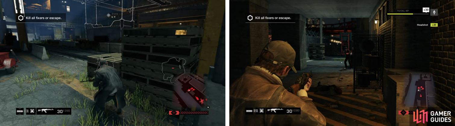 Stay on the move to avoid being surrounded (left) and take cover from the helicopter’s fire under building when needed (right).