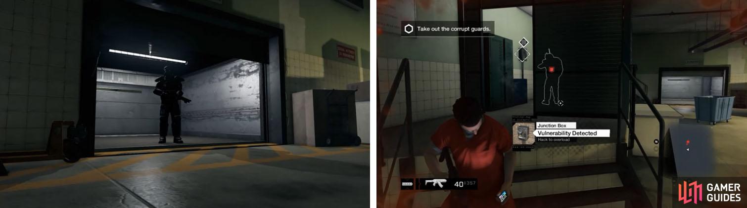 Enforcers (left) are heavily armored enemies that are hard to kill. Use explosives and junction boxes (right) to take them out without a lot of bullets.