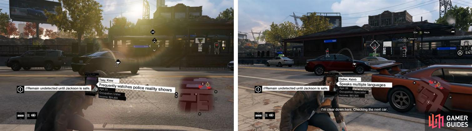Toss IEDs on both the cars (left) and take cover behind a car across the street (right).