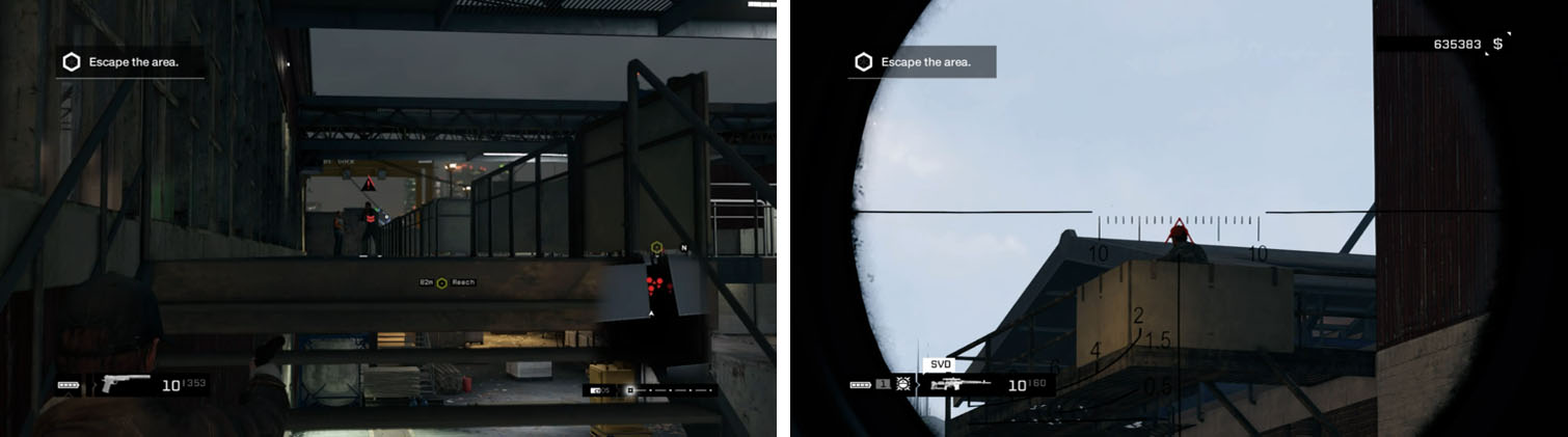 Focus on the enemies on the upper catwalk (left) and make sure to take the sniper out in the back (right).