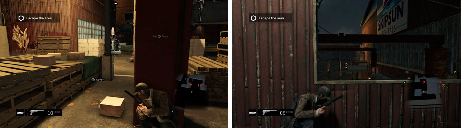 Use the environment to destroy enemies (left) and take out the sniper at the back (right).