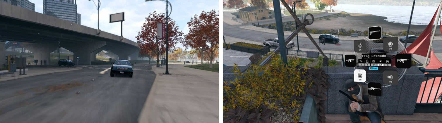 Prepare for reinforcements that arrive nearby from the freeway underpass (left). Use grenades and IED’s to take them out by the cars (right).