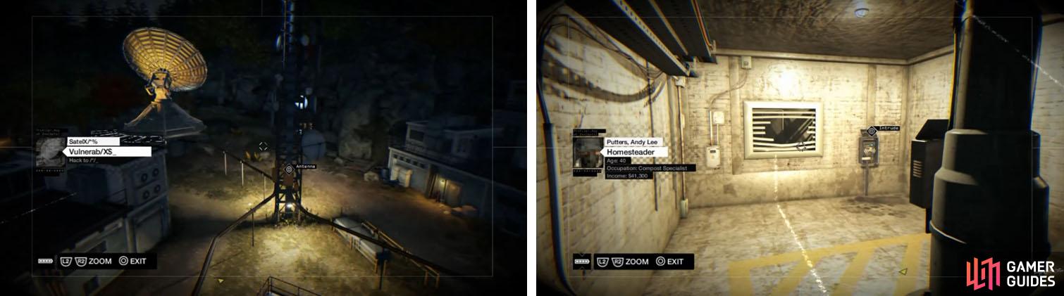 Use the antenna to move the satellites (left) and unlock more access points. Once inside, head down the steps to access the cameras in the basement (right).
