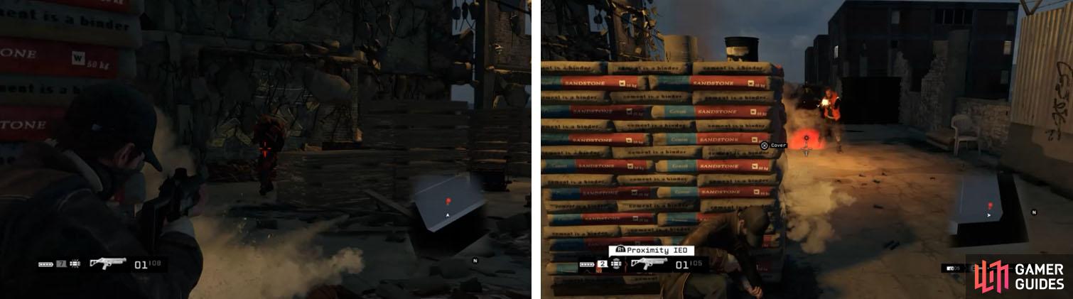 Use the grenade launcher as well as your IEDs to take out the Enforcer (left) and then quickly jump into combat with Iraq (right) who appears immediately.