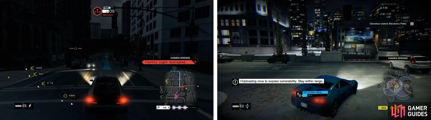 Use Blackouts to escape the police (left) and Jam Comms to keep them off you while uploading the virus (right).