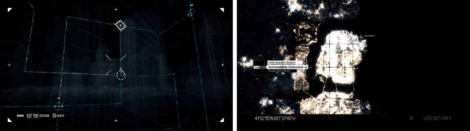 Hack into the ctOS satellite (left) and shutdown all of Chicago (right).