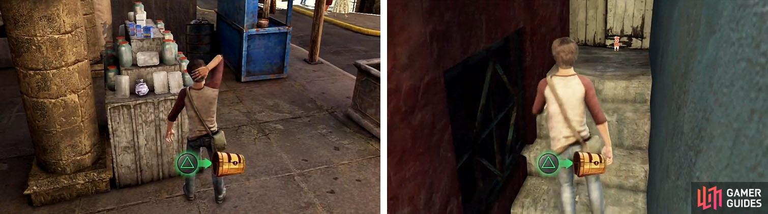 Get the treasure by the glass bottles (left) and then head left down a small alley (right).