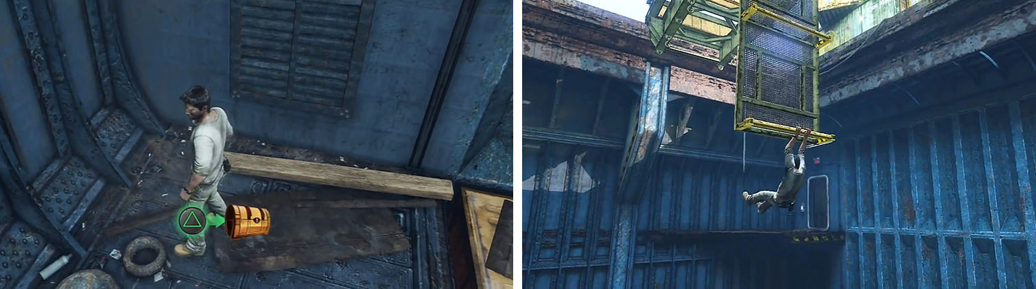 Get the treasure on top of the crates (left) and then swing to the exit (right).