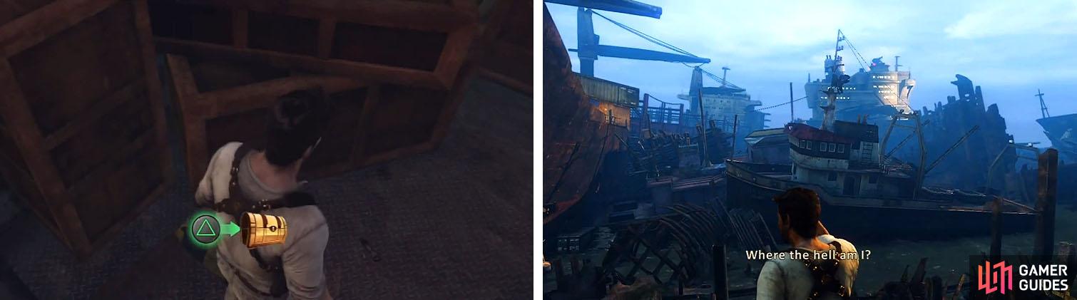 Make sure to grab the treasure in the storage room (left) and then exit the ship (right).