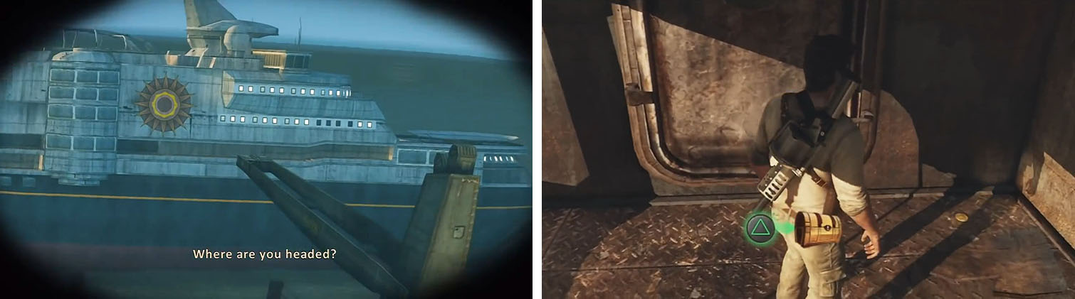 Instead of heading down the zipline toward Ramses’ ship (left) check the far corner for a treasure (right).