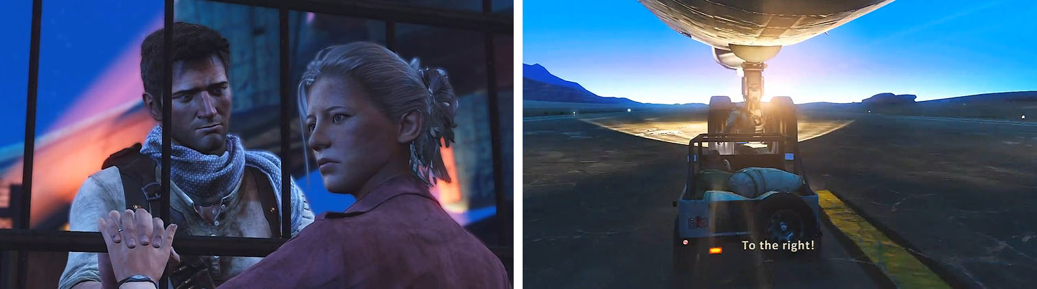 Make your peace with Elena (left) and then catch up to the plane and make the daring leap to the landing gear (right).