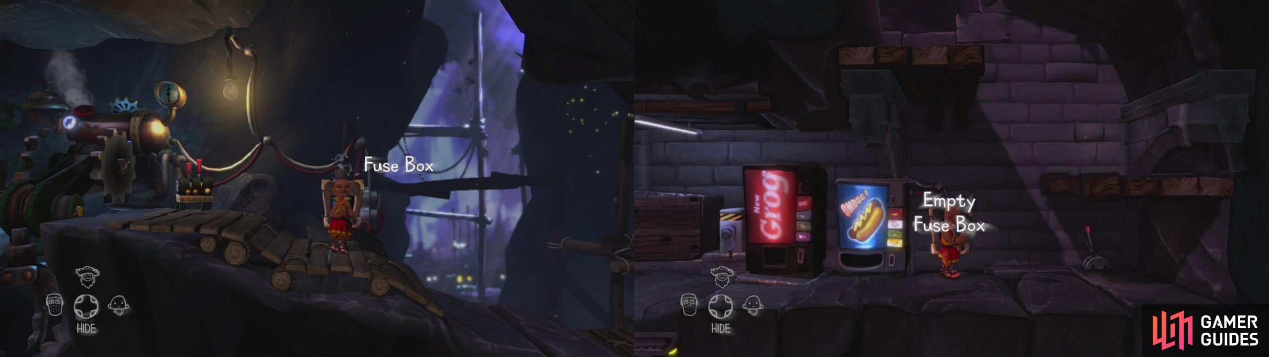Grab the fuse from the fuse box at the top of the area (left) and then place it in the fuse box int he vending machine room (right).